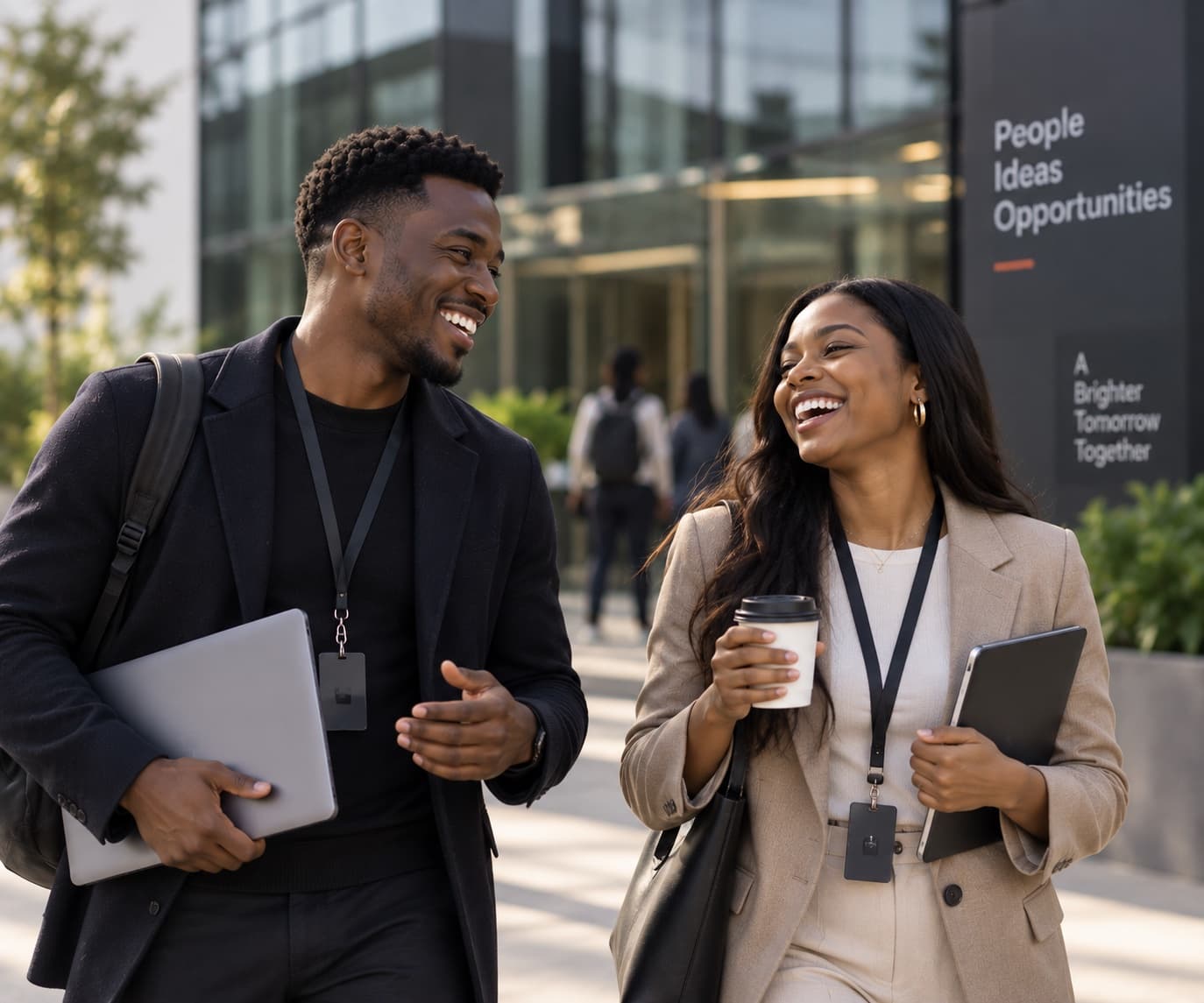 Two professionals connecting outside a modern workplace