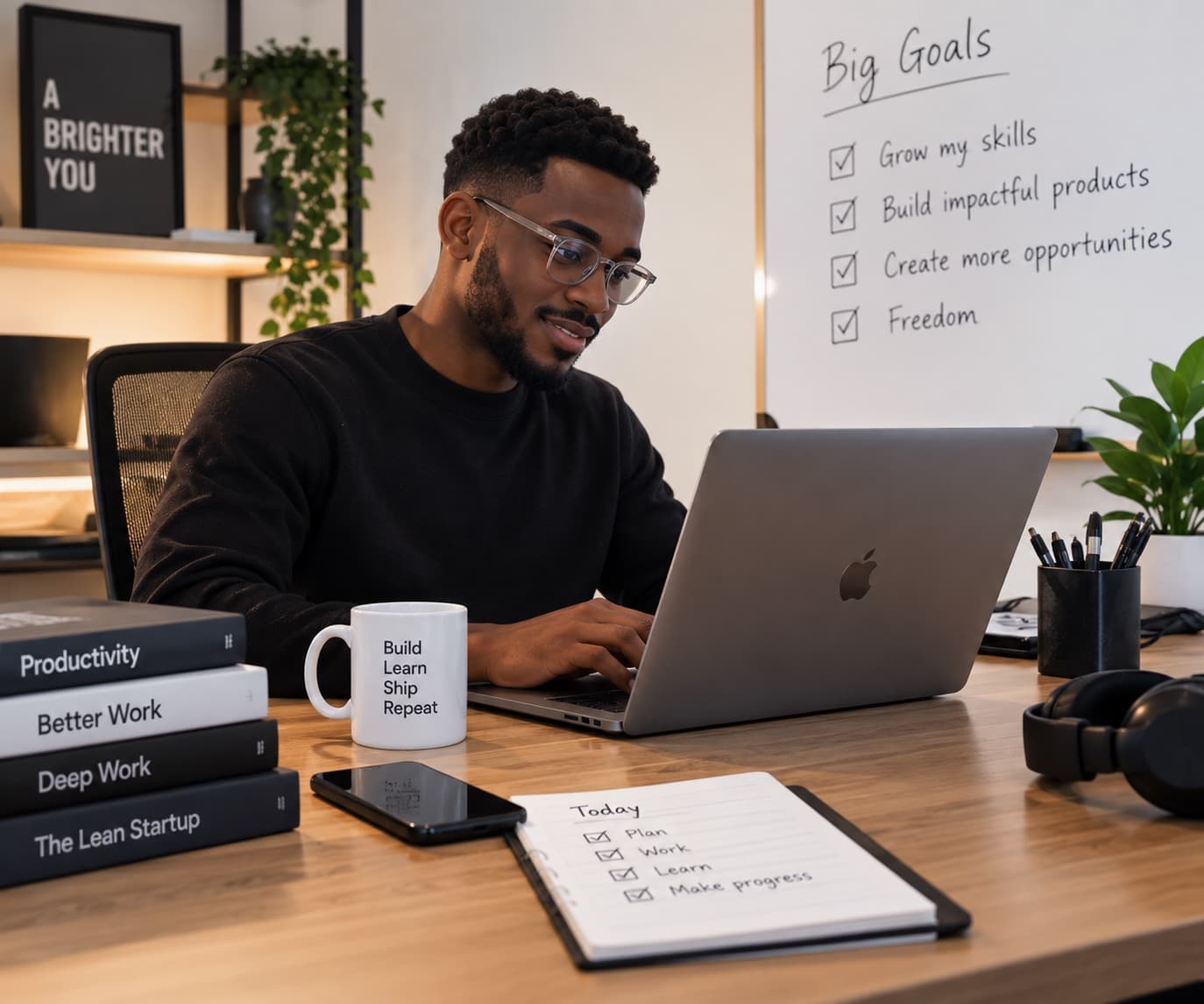A professional working at a desk with learning resources